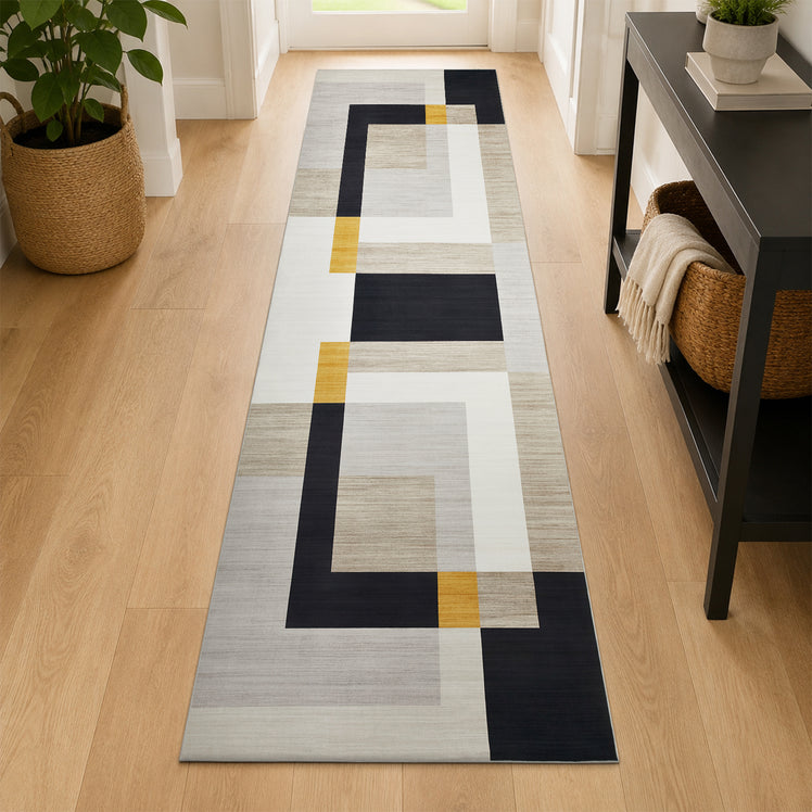 Modern Geometry Area Rug For Bedroom Black, Beige & Ochre