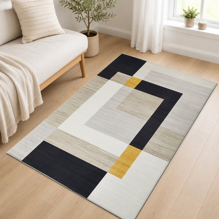 Modern Geometry Area Rug For Bedroom Black, Beige & Ochre