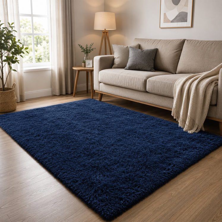 Navy Shaggy Rug Faux Fur Anti Slip Soft Fluffy