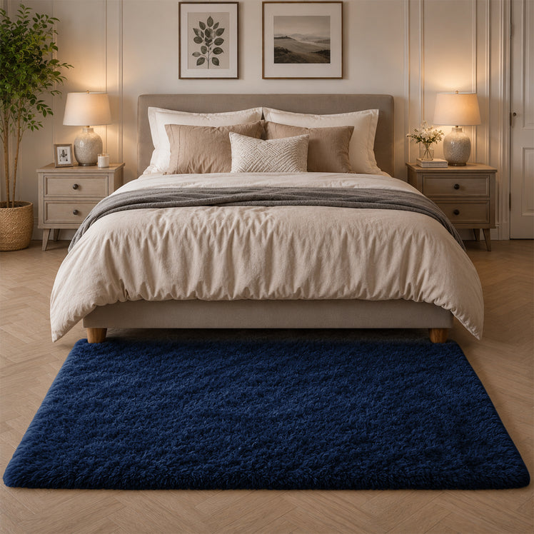 Navy Shaggy Rug Faux Fur Anti Slip Soft Fluffy