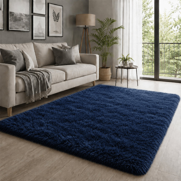 Navy Shaggy Rug Faux Fur Anti Slip Soft Fluffy