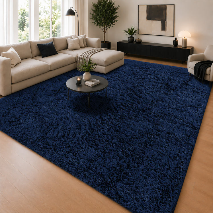 Navy Shaggy Rug Faux Fur Anti Slip Soft Fluffy