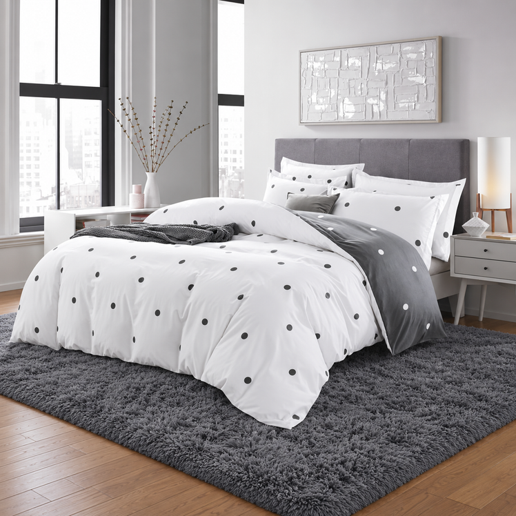 Dotted Printed Reversible Duvet Cover Set White/Grey