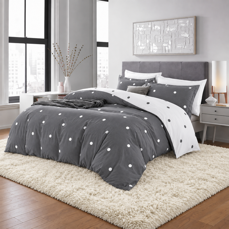 Dotted Printed Reversible Duvet Cover Set White/Grey