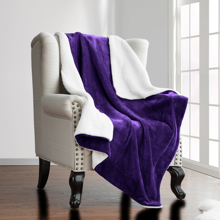 Homely Double Sherpa Fleece Throw Blanket – 150x200cm, Plum Purple, Sofa Bed Throw, Modern, Machine Washable