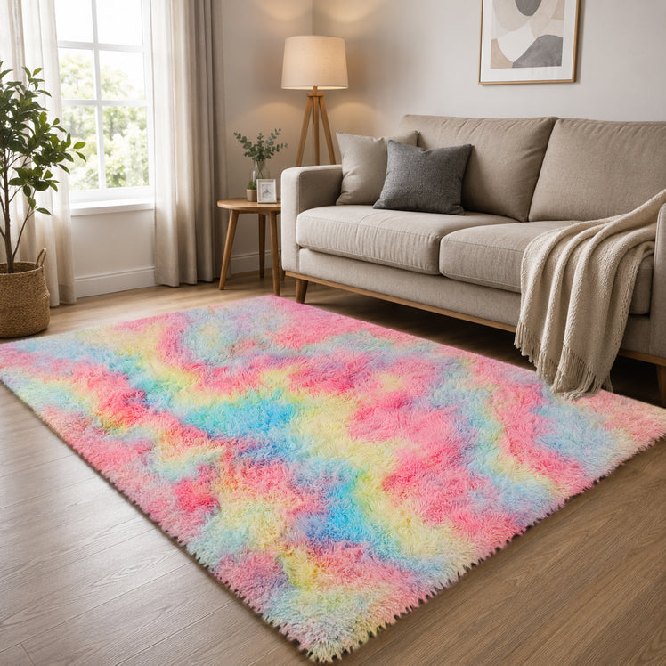 Faux Fur Anti Slip Soft Plush Shaggy Rug Rainbow
