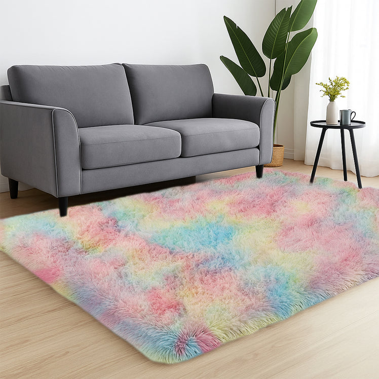 Faux Fur Anti Slip Soft Plush Shaggy Rug Rainbow