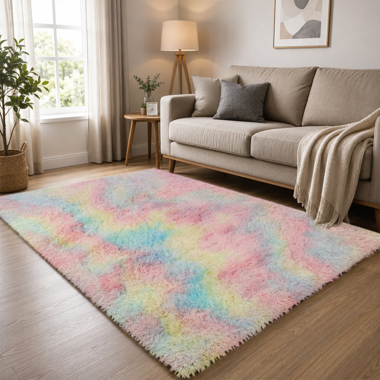 Faux Fur Anti Slip Soft Plush Shaggy Rug Rainbow