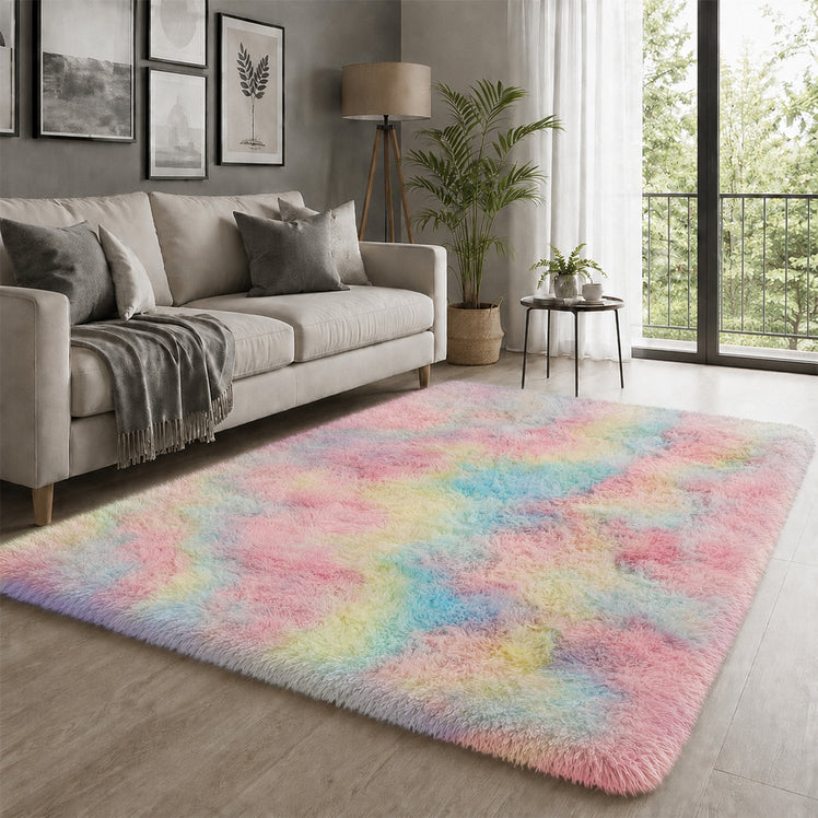 Faux Fur Anti Slip Soft Plush Shaggy Rug Rainbow