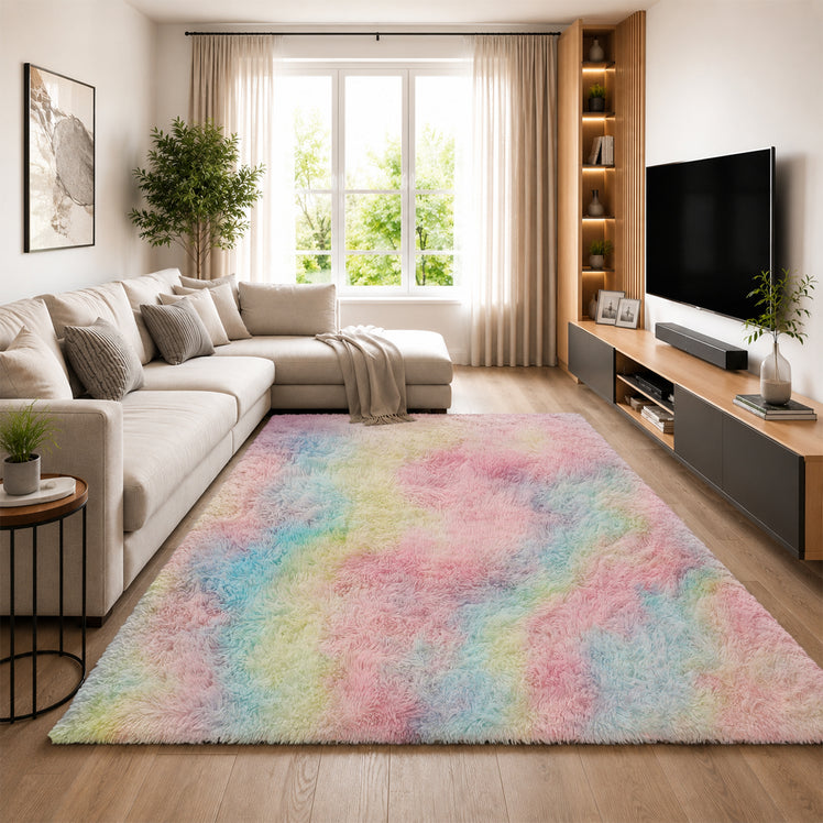 Faux Fur Anti Slip Soft Plush Shaggy Rug Rainbow
