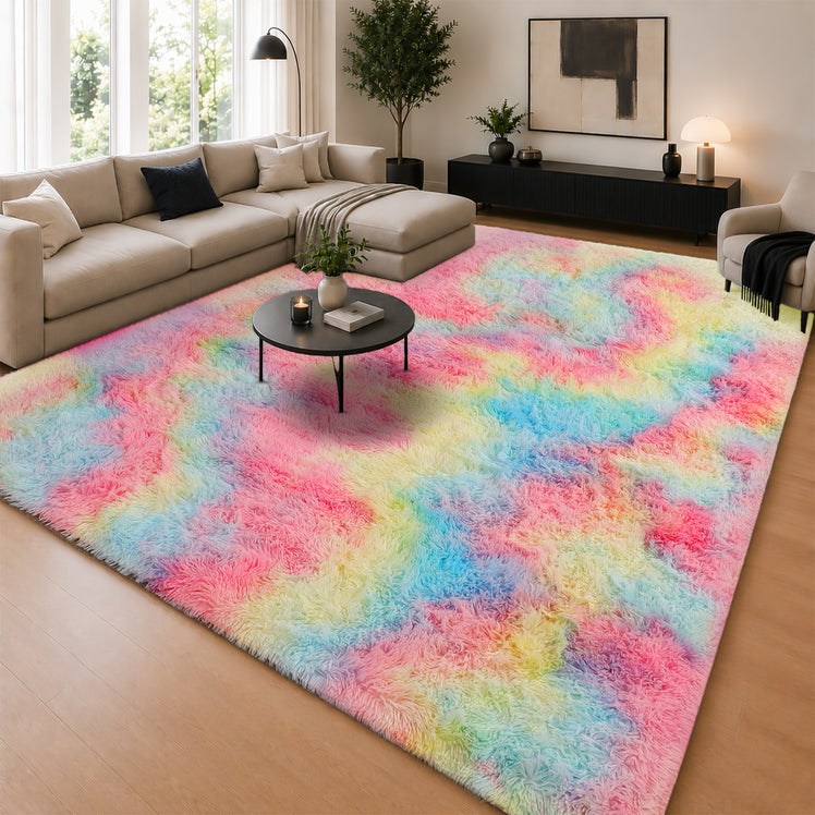 Faux Fur Anti Slip Soft Plush Shaggy Rug Rainbow