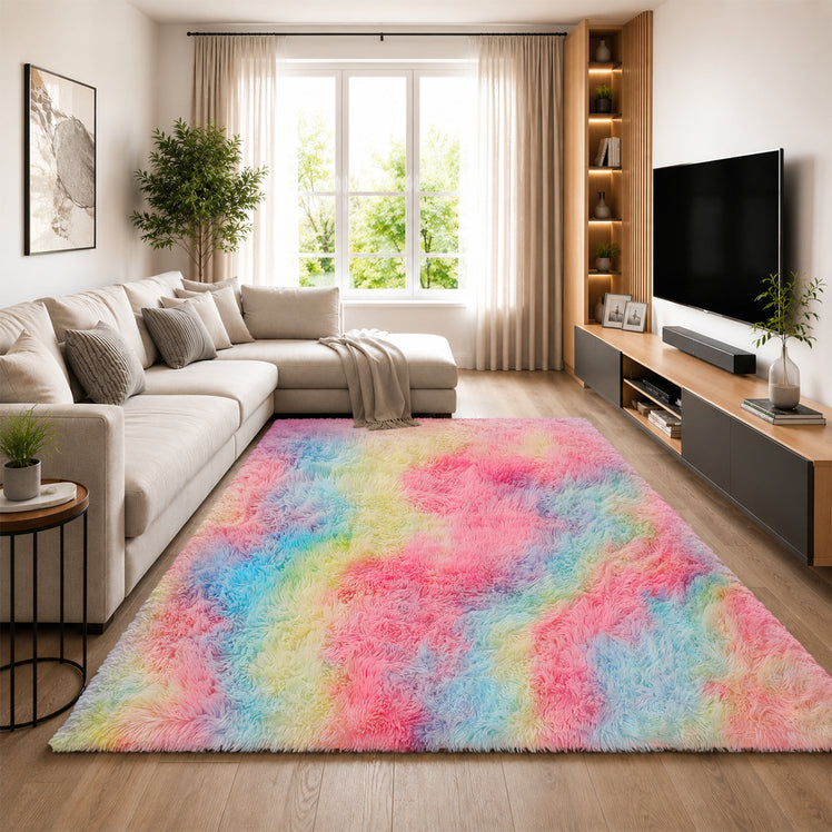 Faux Fur Anti Slip Soft Plush Shaggy Rug Rainbow