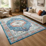 Persian Heriz Medallion Washable Rug – Turquoise & Terracotta