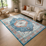 Persian Heriz Medallion Washable Rug – Turquoise & Terracotta