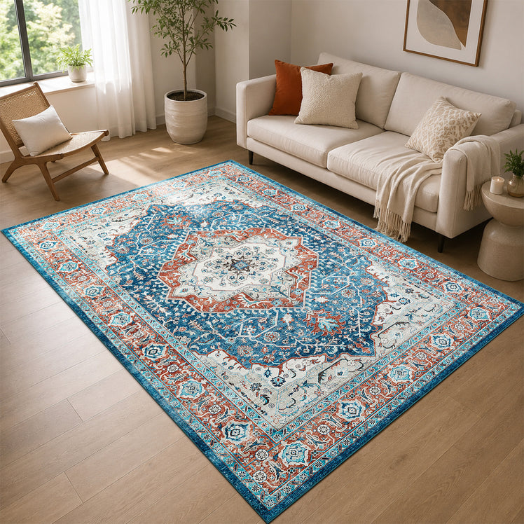 Persian Heriz Medallion Washable Rug – Turquoise & Terracotta