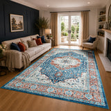 Persian Heriz Medallion Washable Rug – Turquoise & Terracotta