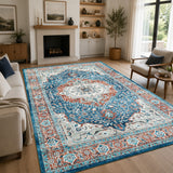 Persian Heriz Medallion Washable Rug – Turquoise & Terracotta