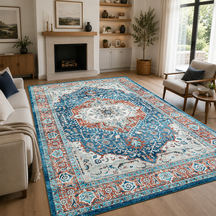 Persian Heriz Medallion Washable Rug – Turquoise & Terracotta