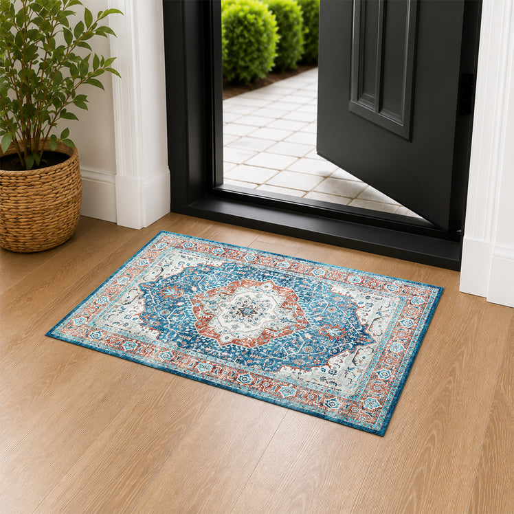 Persian Heriz Medallion Washable Rug – Turquoise & Terracotta