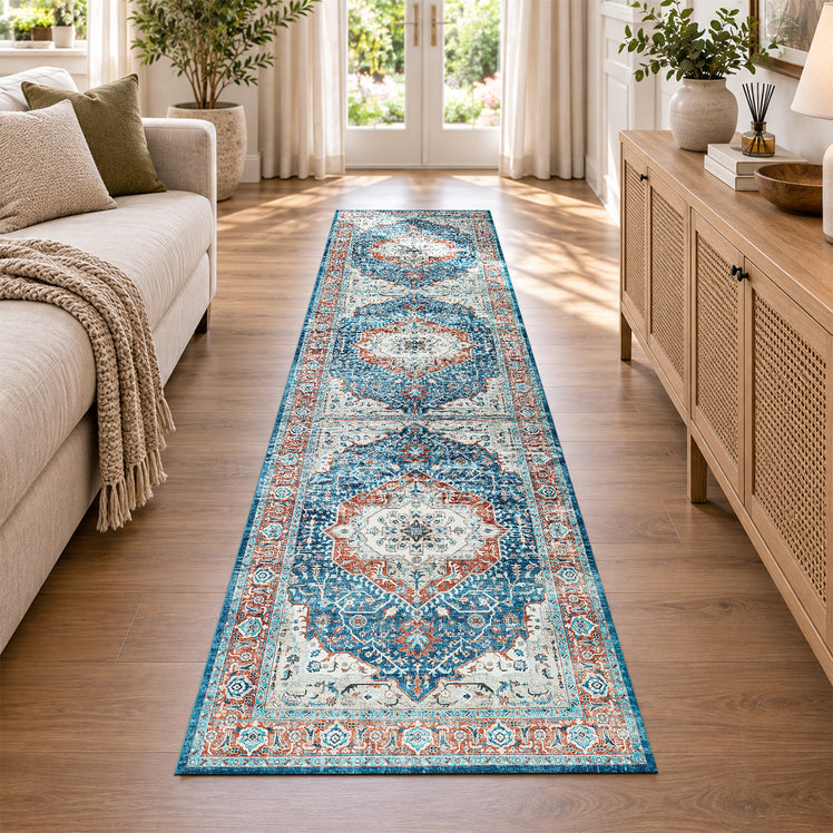 Persian Heriz Medallion Washable Rug – Turquoise & Terracotta