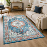 Persian Heriz Medallion Washable Rug – Turquoise & Terracotta