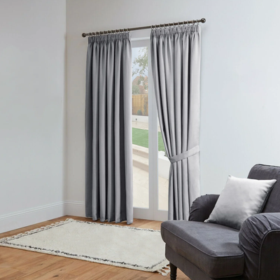 Light Grey Blackout Pencil Pleat Curtains with Tie Backs