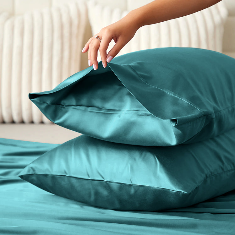 Satin Silk Pillowcases Pair Teal