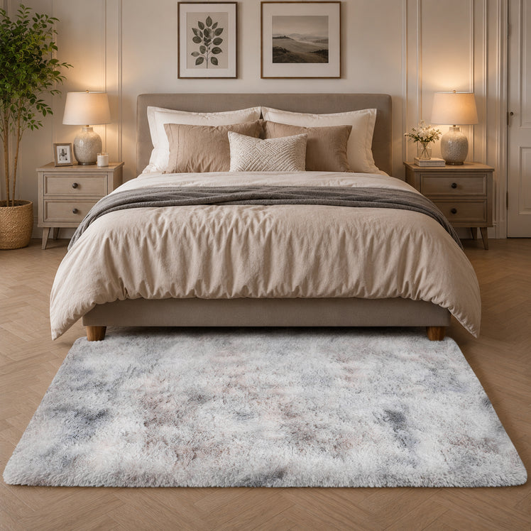 Light Grey Fluffy Shaggy Rug Faux Fur Anti Slip Soft Tie Dye