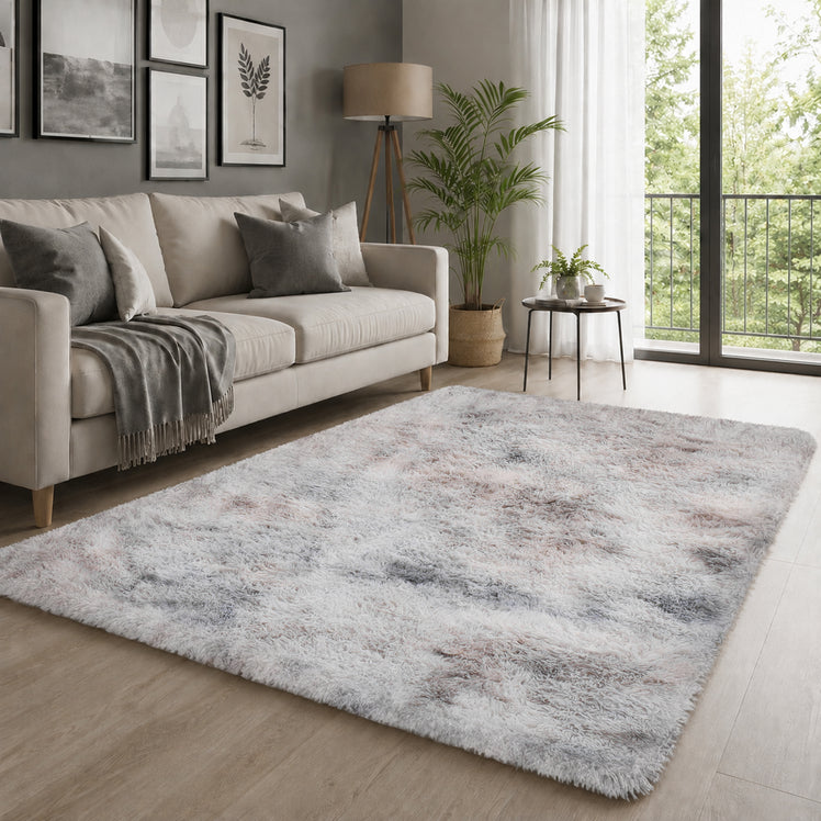 Light Grey Fluffy Shaggy Rug Faux Fur Anti Slip Soft Tie Dye