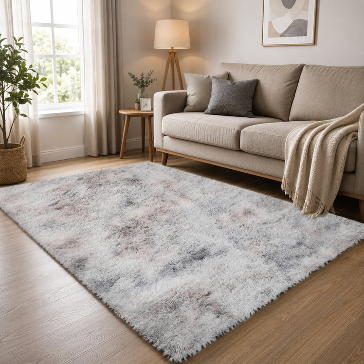 Light Grey Fluffy Shaggy Rug Faux Fur Anti Slip Soft Tie Dye