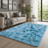 Teal Shaggy Rug Faux Fur Anti Slip Soft Fluffy Tie Dye