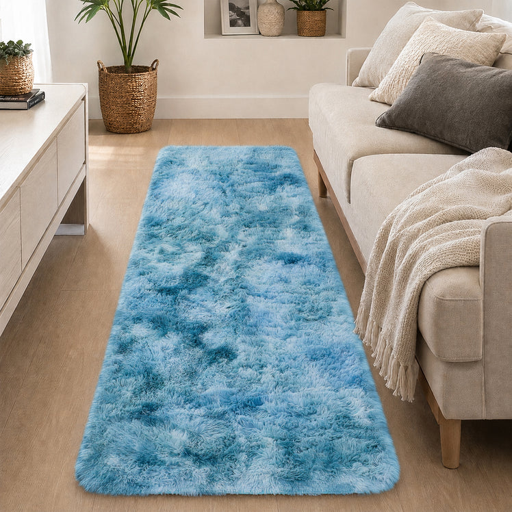 Teal Shaggy Rug Faux Fur Anti Slip Soft Fluffy Tie Dye