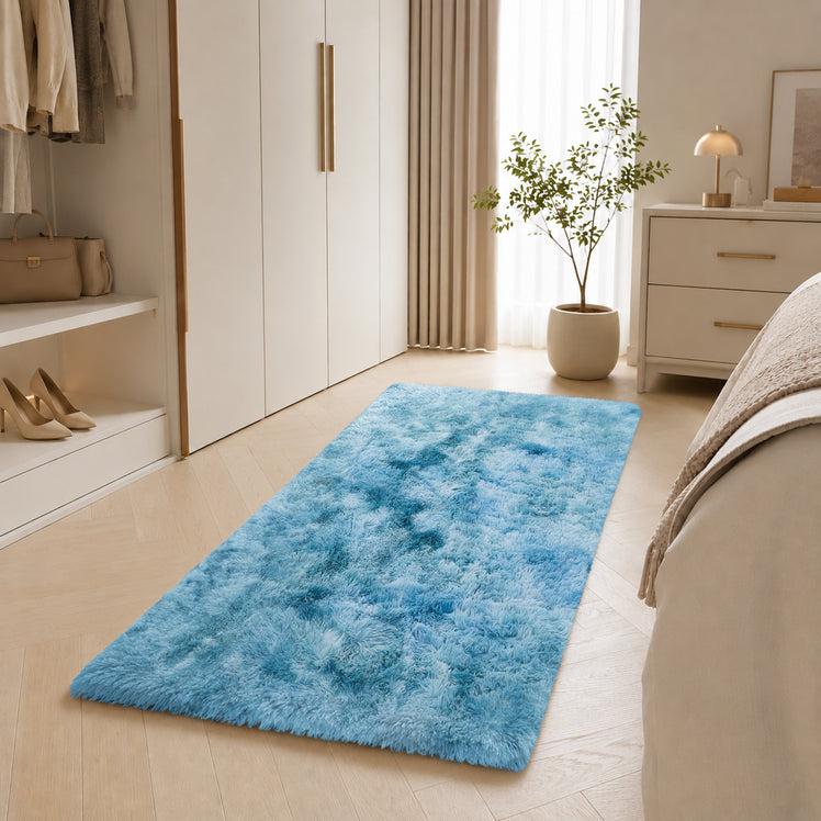 Teal Shaggy Rug Faux Fur Anti Slip Soft Fluffy Tie Dye