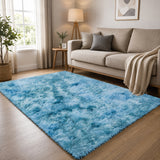 Teal Shaggy Rug Faux Fur Anti Slip Soft Fluffy Tie Dye