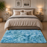 Teal Shaggy Rug Faux Fur Anti Slip Soft Fluffy Tie Dye