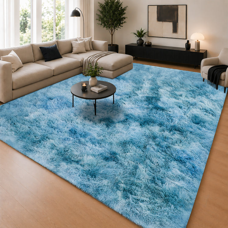 Teal Shaggy Rug Faux Fur Anti Slip Soft Fluffy Tie Dye