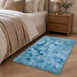 Teal Shaggy Rug Faux Fur Anti Slip Soft Fluffy Tie Dye