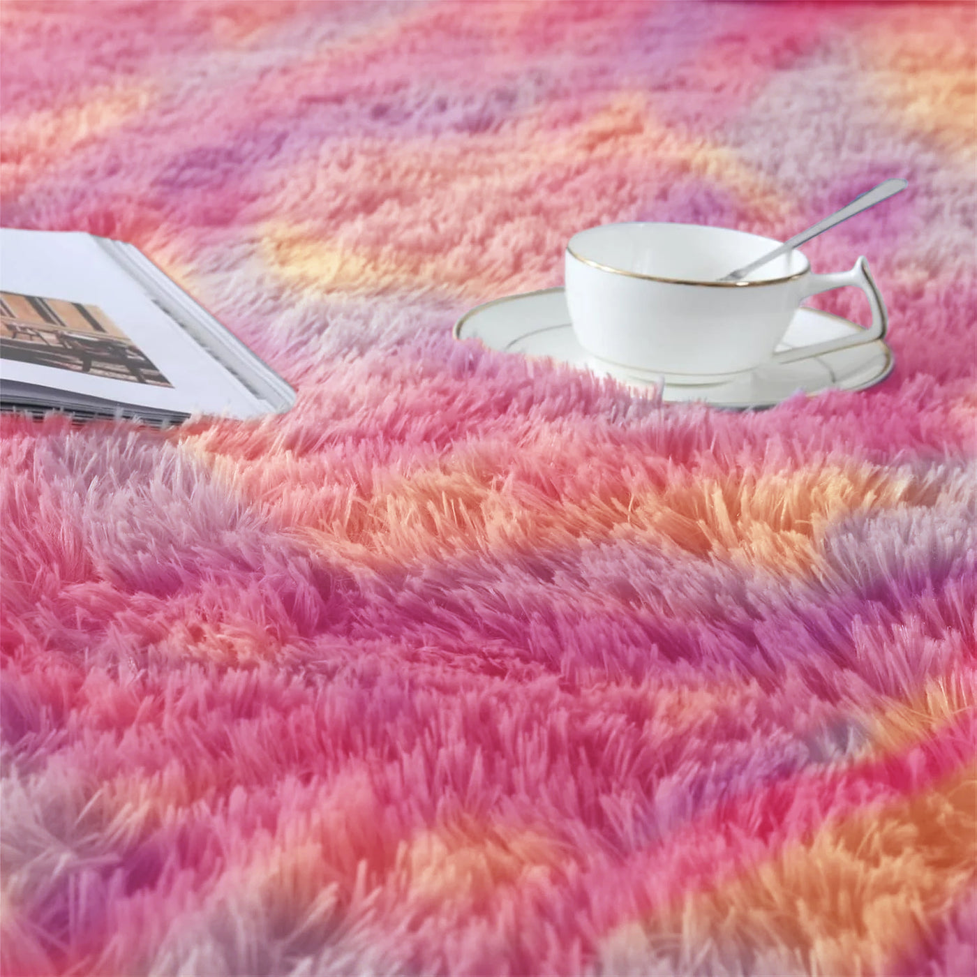 Faux Fur Anti Slip Soft Plush Shaggy Rug Rainbow