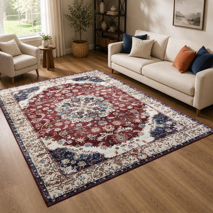 Traditional Persian Washable Rug Floral Medallion