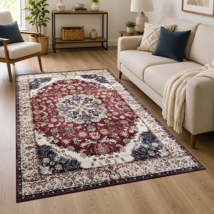 Traditional Persian Washable Rug Floral Medallion