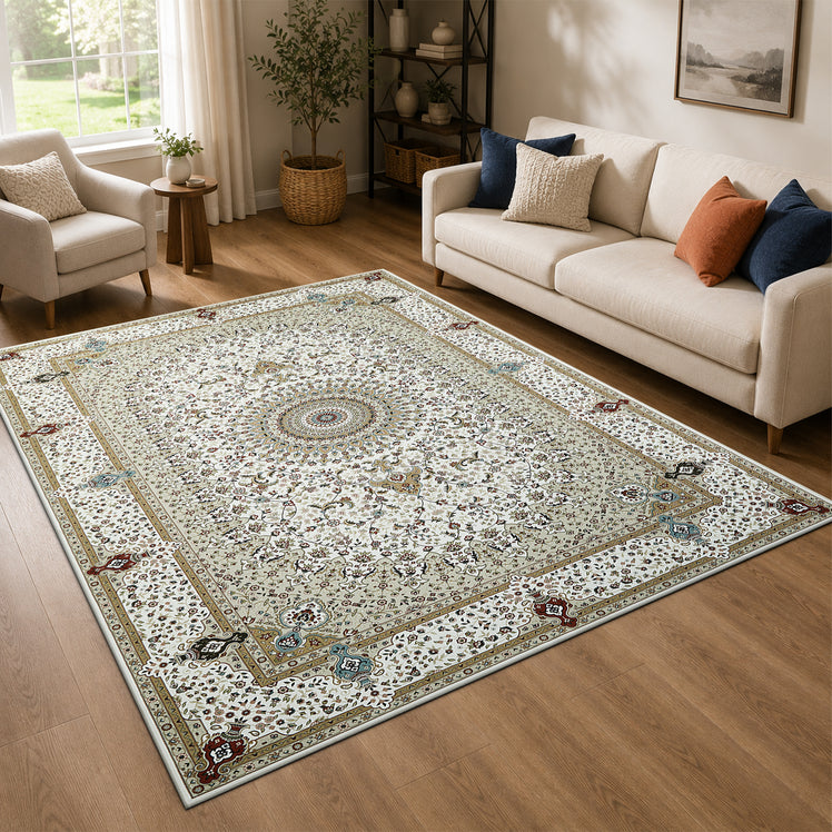 Traditional Persian Rug with Floral Medallion Design Beige & Cream