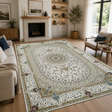 Traditional Persian Rug with Floral Medallion Design Beige & Cream