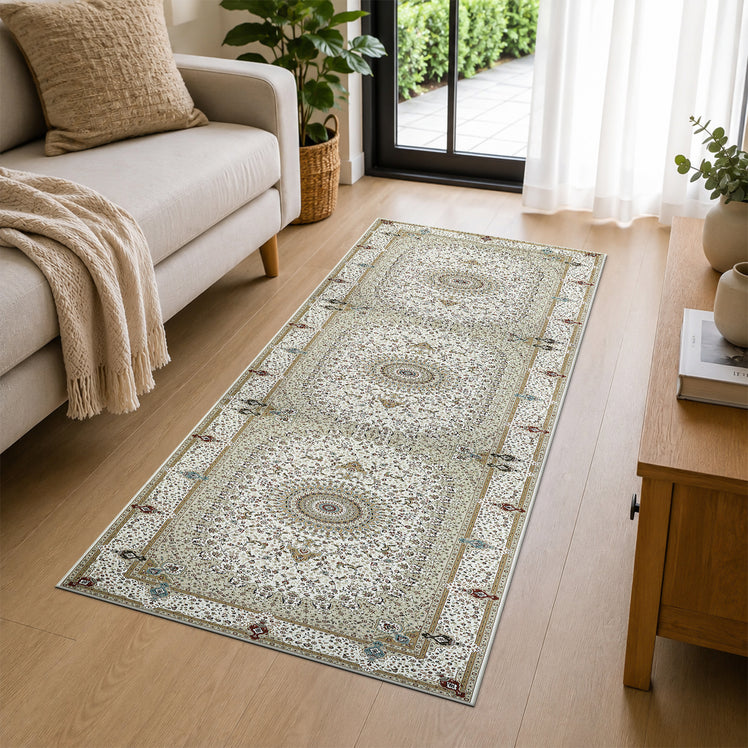 Traditional Persian Rug with Floral Medallion Design Beige & Cream