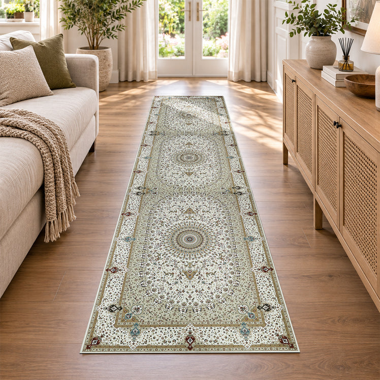 Traditional Persian Rug with Floral Medallion Design Beige & Cream