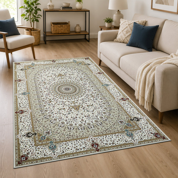 Traditional Persian Rug with Floral Medallion Design Beige & Cream