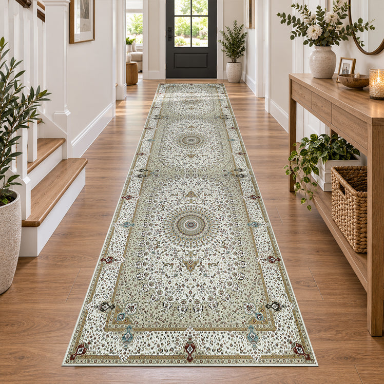 Traditional Persian Rug with Floral Medallion Design Beige & Cream