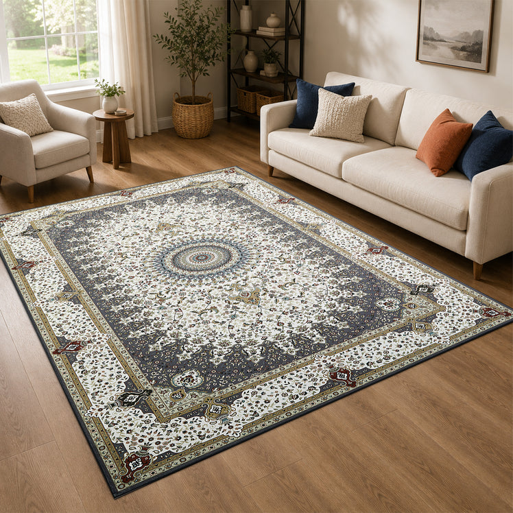 Traditional Persian Rug with Rosette Medallion Design Grey & Cream