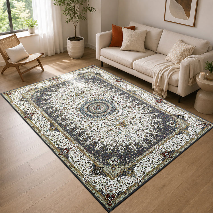 Traditional Persian Rug with Rosette Medallion Design Grey & Cream