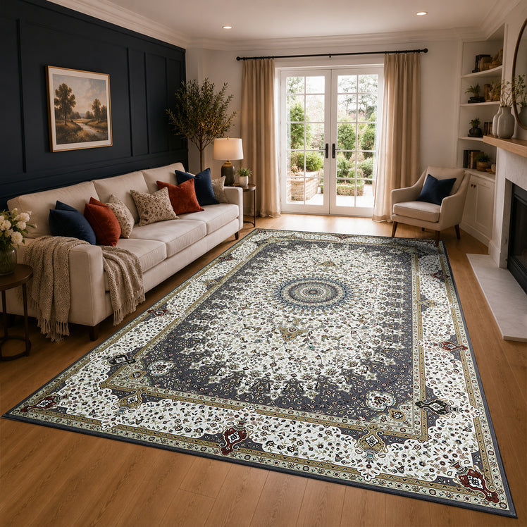 Traditional Persian Rug with Rosette Medallion Design Grey & Cream
