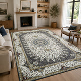 Traditional Persian Rug with Rosette Medallion Design Grey & Cream